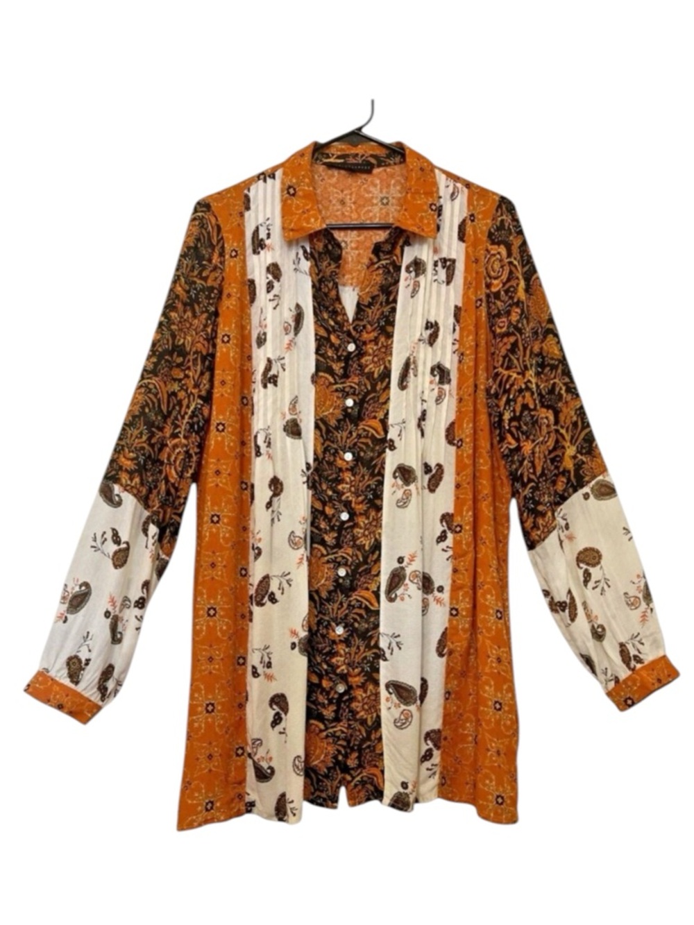 JANE + DELANCEY Boho Tunic Top Floral Paisley Patchwork Peasant Gold Cream Sz L